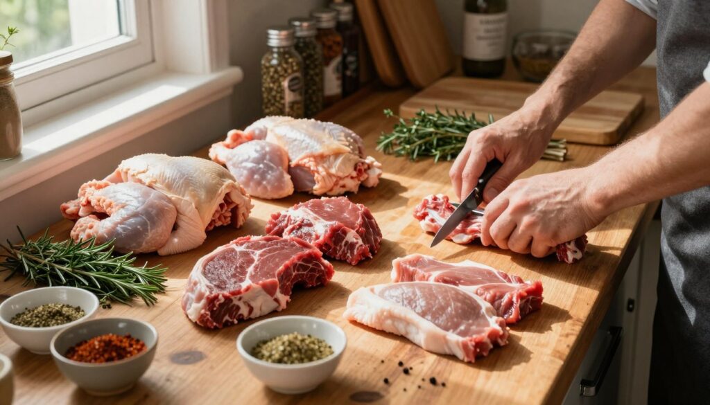 A rustic wooden kitchen countertop filled with various raw meats laid out for preparation, including chicken, beef, and pork. Surrounding the meats are fresh herbs like rosemary and thyme, along with bowls of spices and marinades. A pair of hands gently work to trim and shape the meats, showcasing technique. Natural light streams through a nearby window, casting soft shadows and highlighting the textures of the meat and ingredients. In the background, a well-stocked spice rack and cutting boards hint at a culinary environment. The atmosphere is warm and inviting, suggesting a homey preparation space for grilling enthusiasts, with a focus on the meticulous techniques of meat preparation before marination.