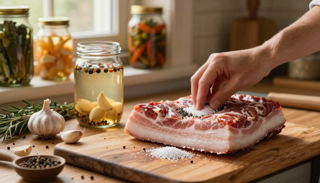 A rustic wooden kitchen countertop with a slab of pork belly being cured, surrounded by a variety of spices and herbs. In the foreground, a hand gently rubs a mixture of salt, sugar, and black pepper onto the thick, marbled meat. The middle shows a glass jar filled with pickling brine, spices suspended in it, and fresh garlic cloves peeking out. In the background, warm golden light filters through a window, illuminating the kitchen shelves filled with jars of preserved vegetables and herbs, enhancing the homey, inviting atmosphere. The overall mood is cozy and nostalgic, evoking a sense of traditional craftsmanship in home curing techniques. Focus shot, natural lighting, and a shallow depth of field highlight the rich textures of the meat and ingredients.