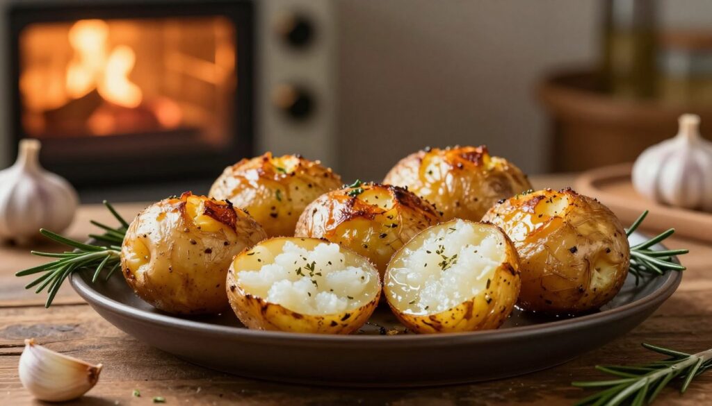 A rustic wooden table displays a platter of perfectly baked potatoes, their skins glistening with a golden-brown hue, showcasing a crispy texture. The foreground features a few of the potatoes cut open, revealing fluffy, steaming white insides, with herbs sprinkled on top. Adorning the sides of the platter, sprigs of rosemary and a hint of garlic cloves add a touch of freshness. In the middle background, a warm, glowing oven is slightly ajar, emphasizing the ideal baking environment. Soft, diffused lighting creates a cozy, inviting atmosphere, highlighting the glossy surface of the potatoes. The scene captures a delectable moment, inviting the viewer to appreciate the perfect crunch and flavor of roasted potatoes. A rustic wooden table displays a platter of perfectly baked potatoes, their skins glistening with a golden-brown hue, showcasing a crispy texture. The foreground features a few of the potatoes cut open, revealing fluffy, steaming white insides, with herbs sprinkled on top. Adorning the sides of the platter, sprigs of rosemary and a hint of garlic cloves add a touch of freshness. In the middle background, a warm, glowing oven is slightly ajar, emphasizing the ideal baking environment. Soft, diffused lighting creates a cozy, inviting atmosphere, highlighting the glossy surface of the potatoes. The scene captures a delectable moment, inviting the viewer to appreciate the perfect crunch and flavor of roasted potatoes.