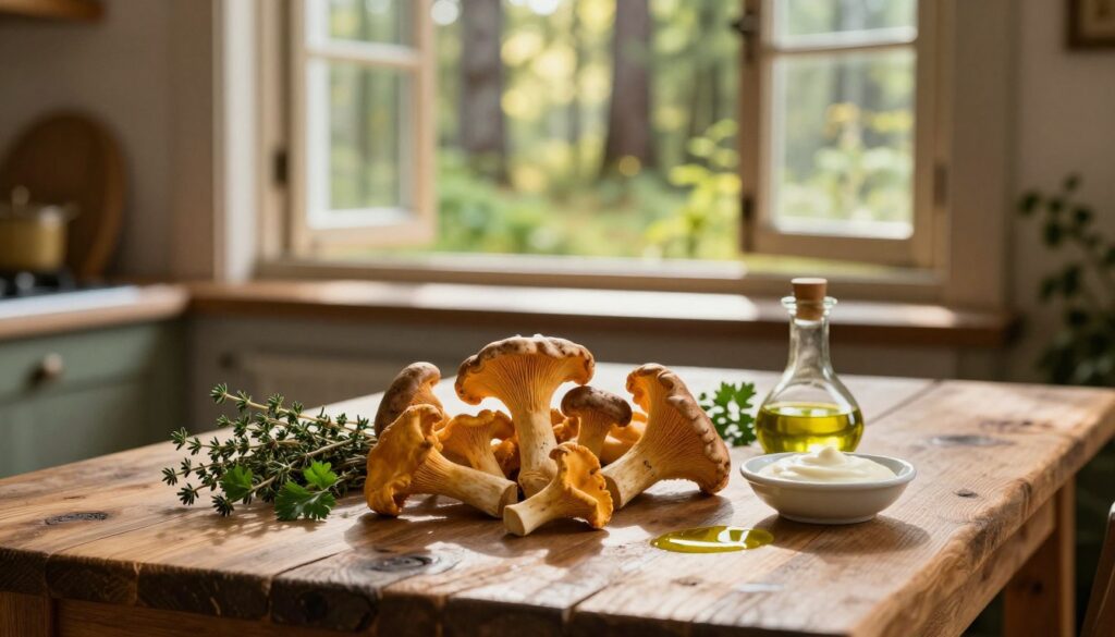 A rustic wooden table is set as the foreground, adorned with essential ingredients for a forest-inspired dish. In the center, a vibrant selection of fresh chanterelle mushrooms is artfully arranged alongside sprigs of fragrant thyme and parsley. A small dish of creamy sauce and a drizzle of olive oil sit nearby, reflecting natural light. The middle ground features a heartwarming scene of an open kitchen window, allowing soft, golden sunlight to filter through, illuminating the ingredients. In the background, a serene view of a lush forest is visible, hinting at the earthy flavors of the dish. The overall mood is cozy and inviting, evoking the warmth of home-cooked meals. The image is captured with a shallow depth of field, focusing on the ingredients while softly blurring the background for an intimate feel.