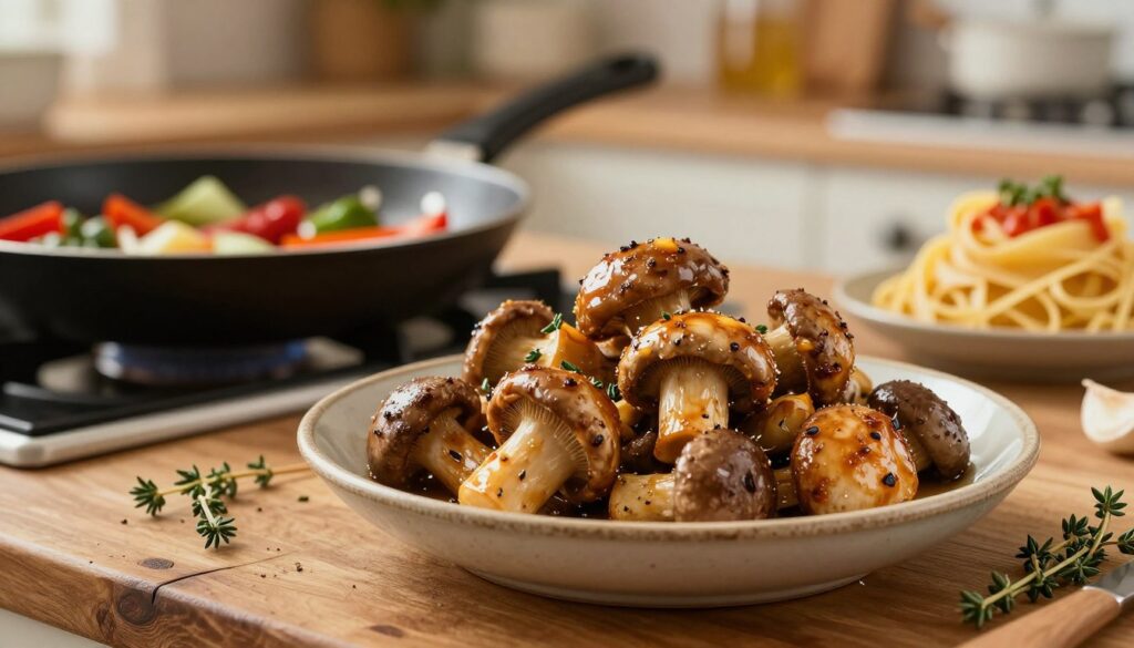 A rustic wooden table is the scene, showcasing a close-up of freshly sautéed oyster mushrooms, or "boczniaki," glistening with a golden-brown crust. In the foreground, the mushrooms are attractively piled high in a beautiful ceramic bowl, seasoned with fresh herbs like thyme and a touch of garlic. The middle ground features a softly blurred pan on a hot stove, with vibrant vegetables like bell peppers and onions, hinting at the cooking process. In the background, a cozy kitchen with soft, warm lighting highlights a stack of pasta and a small pot simmering with sauce, inviting a feeling of home-cooked warmth. The overall mood is inviting and aromatic, evoking a sense of comfort and culinary joy, captured from a slightly elevated angle to enhance depth and focus on the textures.