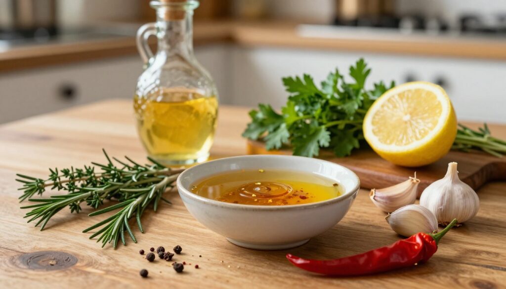 A rustic wooden table serves as the foreground, adorned with an array of vibrant spices and herbs commonly used in a flavorful chicken marinade. Arrange fresh ingredients like rosemary, thyme, garlic cloves, and bright red chili flakes artistically scattered around a small, elegant ceramic bowl filled with a rich, golden marinade. In the middle ground, a beautifully designed glass container houses essential oil and vinegar for marination, with sprigs of parsley and a sliced lemon nearby, adding a pop of color. The background features a softly blurred kitchen setting, bathed in warm, natural light that creates a cozy and inviting atmosphere. The image captures the essence of home cooking, emphasizing the importance of each spice in creating a memorable dish. Focus on a close-up angle to highlight the textures and colors of the ingredients.