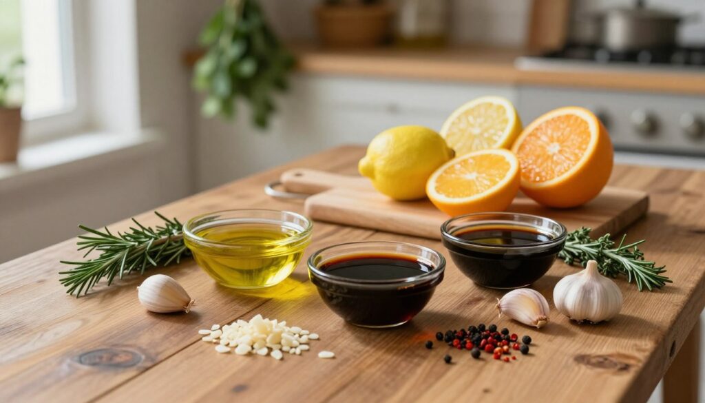 A rustic wooden table serves as the foreground, featuring a carefully arranged array of essential ingredients for a flavorful marinade. In the center, there are small bowls filled with olive oil, soy sauce, and balsamic vinegar, surrounded by crushed garlic cloves, fresh herbs like rosemary and thyme, and colorful spices such as paprika and black pepper. The middle ground showcases a cutting board with sliced citrus fruits, including lemons and oranges, adding brightness to the composition. Soft, natural lighting illuminates the scene from a left-side window, casting gentle shadows and enhancing the textures of the ingredients. In the background, a blurred kitchen setting with herbs hanging in bundles establishes a warm, inviting atmosphere ideal for cooking.
