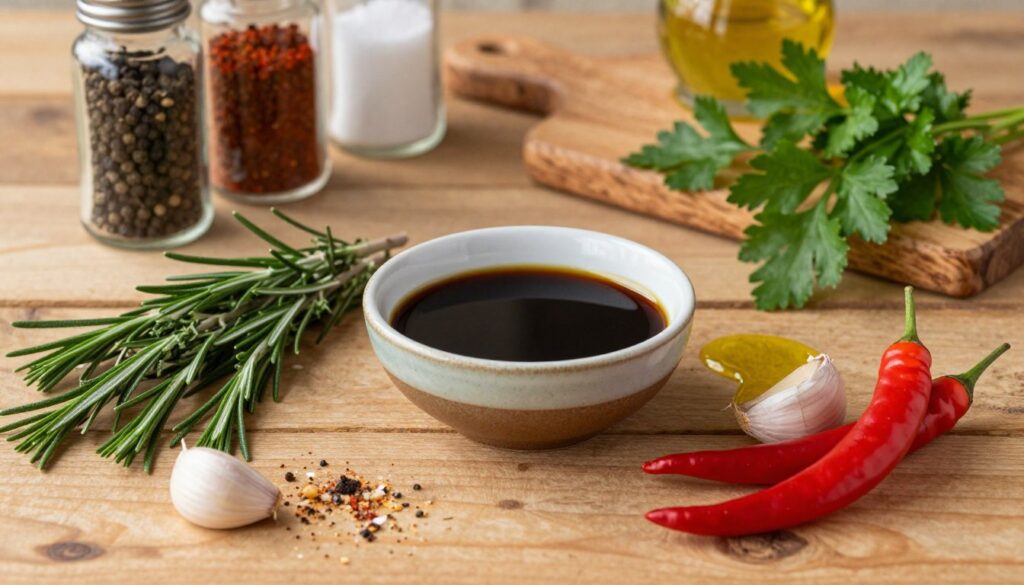 A rustic wooden table set in a cozy kitchen, adorned with essential ingredients for a perfect beef marinade. In the foreground, an elegant arrangement of fresh herbs like rosemary, thyme, and parsley, alongside crushed garlic cloves and vibrant chili peppers. In the middle, a small ceramic bowl filled with a dark, rich liquid representing soy sauce or balsamic vinegar, with a drizzle of olive oil beside it. Background elements include bottles of spices like black pepper, paprika, and salt, artfully placed near an earthy cutting board. Soft, warm lighting illuminates the scene, creating an inviting atmosphere, while a shallow depth of field draws attention to the vibrant colors and textures, evoking a sense of culinary creativity and warmth.