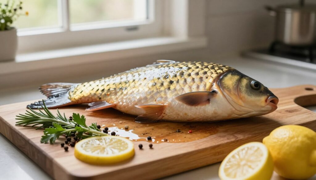 A serene kitchen scene focused on a large wooden cutting board featuring a freshly caught carp, its shimmering scales catching the light. In the foreground, there are ingredients for a marinade - fresh herbs, spices, and lemons, artistically arranged around the fish to convey an inviting atmosphere. The middle section showcases the carp, positioned to emphasize its size and texture, while a subtle hint of muddy water reflects nearby, symbolizing the unique smell being addressed. In the background, soft, diffused sunlight filters through a window, creating a warm and homey ambiance. The focus is sharp on the carp and marinade ingredients, while the background blurs slightly, enhancing the mood of culinary care and preparation.