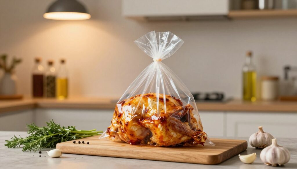 A serene kitchen scene focused on a preparation area for roasting chicken in a cooking bag. In the foreground, there is a neatly arranged cutting board with fresh herbs, garlic cloves, and a marinated chicken ready to be placed in a transparent roasting bag. The middle layer features the roasting bag, slightly open, showcasing its glossy texture, reflecting light. The background has warm, soft lighting from an overhead pendant lamp, illuminating the space with a cozy atmosphere. A few bottles of spices and oil are artfully displayed on a nearby countertop, enhancing the culinary ambiance. The scene conveys a sense of home cooking and comfort, inviting the viewer to engage with the process of preparing a delicious meal. A serene kitchen scene focused on a preparation area for roasting chicken in a cooking bag. In the foreground, there is a neatly arranged cutting board with fresh herbs, garlic cloves, and a marinated chicken ready to be placed in a transparent roasting bag. The middle layer features the roasting bag, slightly open, showcasing its glossy texture, reflecting light. The background has warm, soft lighting from an overhead pendant lamp, illuminating the space with a cozy atmosphere. A few bottles of spices and oil are artfully displayed on a nearby countertop, enhancing the culinary ambiance. The scene conveys a sense of home cooking and comfort, inviting the viewer to engage with the process of preparing a delicious meal.