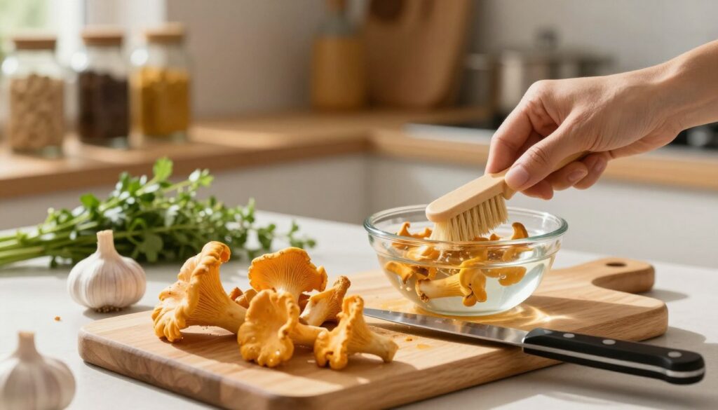 A serene kitchen scene highlighting the process of cleaning chanterelle mushrooms. In the foreground, a wooden cutting board displays freshly picked chanterelles, their vibrant orange-yellow caps contrasting with a small bowl of water and a soft-bristled brush used for cleaning. A kitchen knife rests beside the mushrooms, indicating preparation. In the middle ground, a gentle sunlight washes over the countertop, creating a warm and inviting atmosphere. A blurred bouquet of herbs or garlic adds freshness to the setting. In the background, softly lit shelves lined with spices and cooking utensils enhance the homey feel. The image conveys a sense of simplicity and connection to nature, ideal for showcasing the art of preparing these gourmet mushrooms.