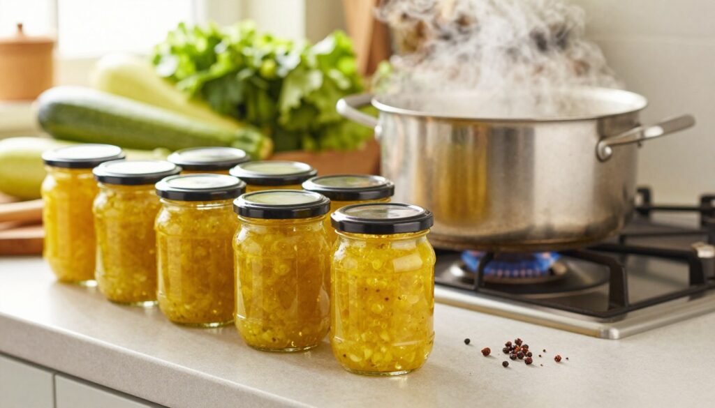 A serene kitchen scene showcasing the process of pasteurizing jars filled with bright, vibrant zucchini sweet and sour sauce. In the foreground, a polished countertop holds neatly arranged glass jars, their lids gleaming under soft, warm lighting. The middle ground features a large pot boiling on the stove, with steam rising gently, creating a cozy atmosphere. In the background, there are fresh zucchinis, herbs, and spices artfully arranged, emphasizing the freshness of the ingredients. The lighting is bright yet soft, enhancing the colors of the ingredients. Capture the essence of home cooking in autumn, with a focus on warmth, tradition, and the anticipation of winter preserves. The angle should be slightly tilted to provide depth to the scene while maintaining clarity on the jars and pot.