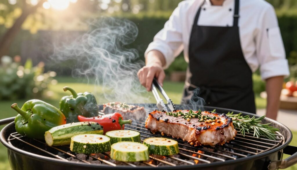 A serene outdoor barbecue setting showcasing various grilling techniques. In the foreground, vibrant green grilling vegetables such as bell peppers and zucchini are being expertly arranged on a clean grill rack, emitting a gentle steam. A marinated pork chop, glistening with a flavorful garlic and herb marinade, is placed on the grill beside the vegetables, surrounded by fresh herbs. In the middle ground, a professional chef in a crisp white shirt and apron, focused on grilling, holds a pair of tongs. The background features a lush garden with soft sunlight filtering through trees, creating a warm and inviting atmosphere. The overall ambiance is relaxed and vibrant, perfect for depicting the art of grilling while maintaining the juiciness and tenderness of meats. A serene outdoor barbecue setting showcasing various grilling techniques. In the foreground, vibrant green grilling vegetables such as bell peppers and zucchini are being expertly arranged on a clean grill rack, emitting a gentle steam. A marinated pork chop, glistening with a flavorful garlic and herb marinade, is placed on the grill beside the vegetables, surrounded by fresh herbs. In the middle ground, a professional chef in a crisp white shirt and apron, focused on grilling, holds a pair of tongs. The background features a lush garden with soft sunlight filtering through trees, creating a warm and inviting atmosphere. The overall ambiance is relaxed and vibrant, perfect for depicting the art of grilling while maintaining the juiciness and tenderness of meats.