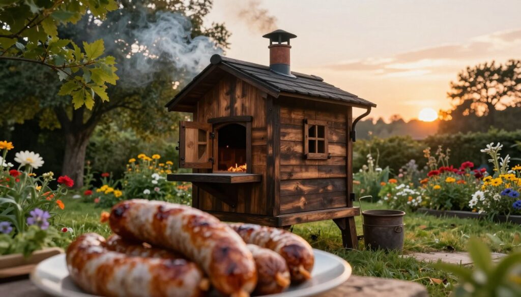 A serene outdoor scene showcasing an automatic smokehouse (wędzarnia) nestled in a lush garden, surrounded by green trees and colorful flowers. The smokehouse is constructed from dark wood, with a rustic, charming design, featuring a chimney emitting wisps of aromatic smoke. In the foreground, a platter of freshly smoked sausages awaits, with golden brown coloration, glistening under soft, warm lighting. In the background, an idyllic sunset casts a gentle golden hue over the scene, enhancing the tranquil atmosphere. The composition focuses on capturing the warmth of home-cooked meals, using a slightly angled low perspective to emphasize the smokehouse. The mood is inviting and cozy, perfect for showcasing the process of home smoking techniques.