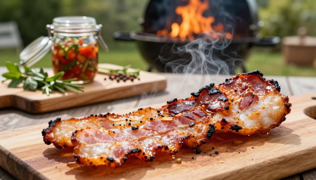 A sizzling piece of grilled bacon, known as "boczek grilla," displayed prominently in the foreground, showcasing its crispy, golden-brown exterior with bits of char and glistening fat. Smoke gently wafts from the bacon, hinting at its recent grilling. In the middle ground, a rustic wooden cutting board holds an assortment of fresh herbs, spices, and a vibrant marinade jar, emphasizing the preparation techniques for achieving perfect crispiness. The background features a sunlit outdoor grill with flames flickering, surrounded by greenery, creating a warm, inviting atmosphere. The soft, natural lighting highlights the textures and colors, inviting viewers to savor the mouthwatering appeal of the dish. The angle is slightly elevated, capturing the essence of grilling expertise and the joy of outdoor cooking.