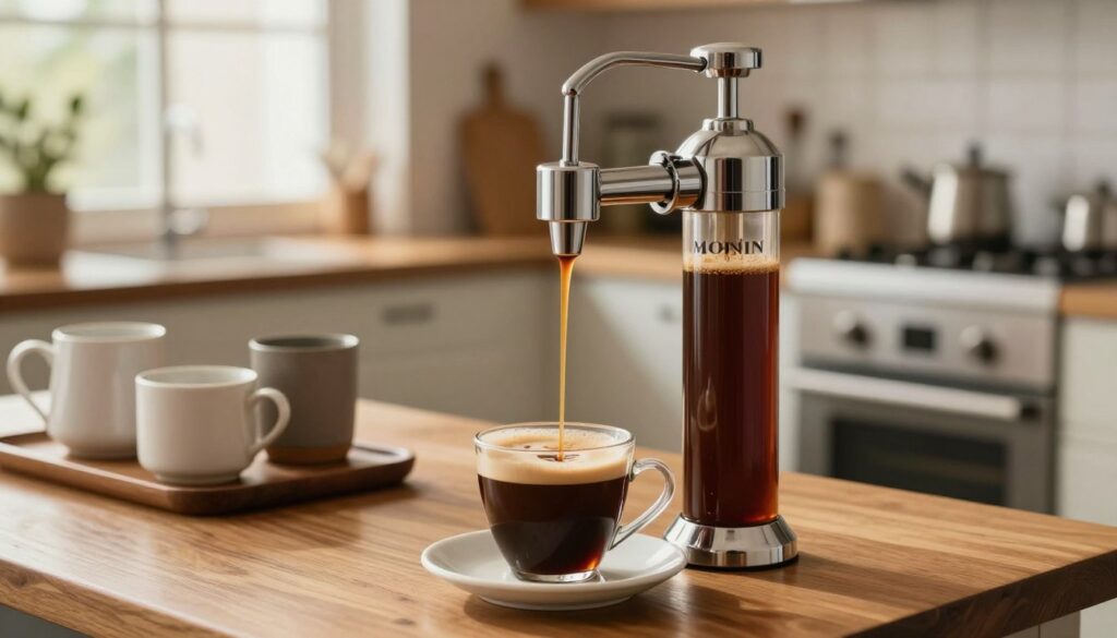 A sleek Monin pump dispenser filled with a rich, glossy coffee syrup sits prominently in the foreground, its metallic accents glimmering under soft, warm lighting. The pump lever is slightly pressed, with a delicate stream of syrup cascading into a stylish coffee cup, emphasizing the precision and ease of use. In the middle ground, a wooden table showcases various coffee accessories, like elegant mugs and minimalist containers, creating an inviting, cozy café atmosphere. Behind this setup, blurred outlines of a peaceful kitchen can be seen, with natural light streaming through a window, enhancing the warm tones. The whole scene conveys a professional yet welcoming ambiance, perfect for coffee enthusiasts looking to enhance their beverage experience.