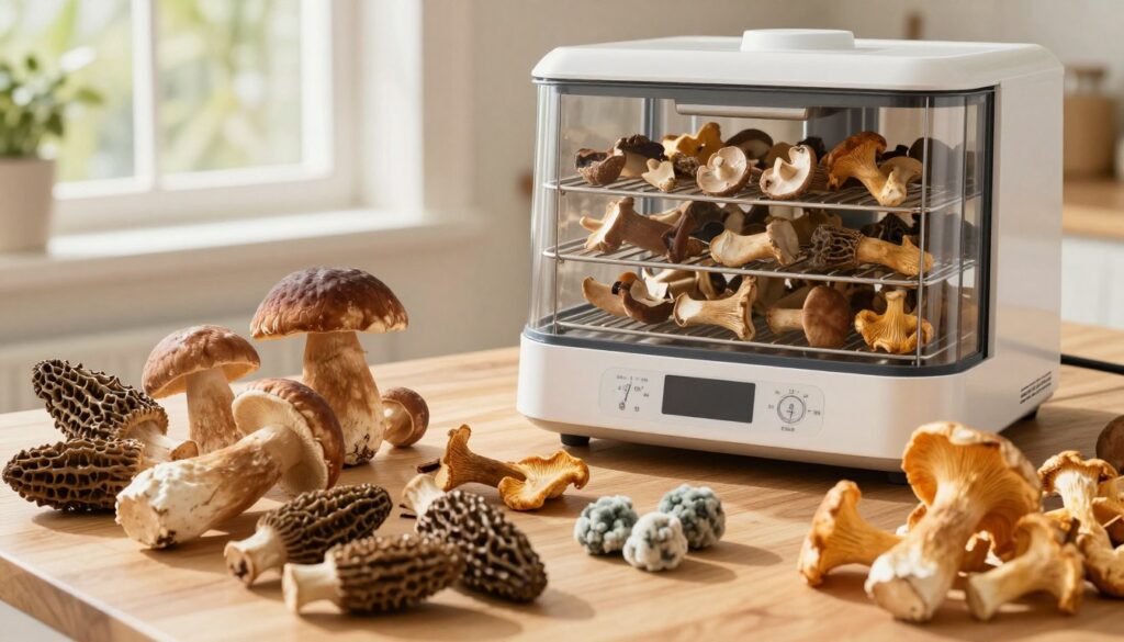 A staged, informative kitchen scene illustrating common mistakes in mushroom drying. In the foreground, a wooden table covered with various types of mushrooms including porcini, chanterelles, and morels, some perfectly dried and others visibly moldy or improperly dried. In the middle, a close-up of a food dehydrator showing mushrooms at different stages of drying, with a temperature gauge reading too high. The background features an open window with sunlight streaming in, creating a warm, natural light that highlights the textures of the mushrooms. The atmosphere is educational yet inviting, emphasizing the importance of proper drying techniques.