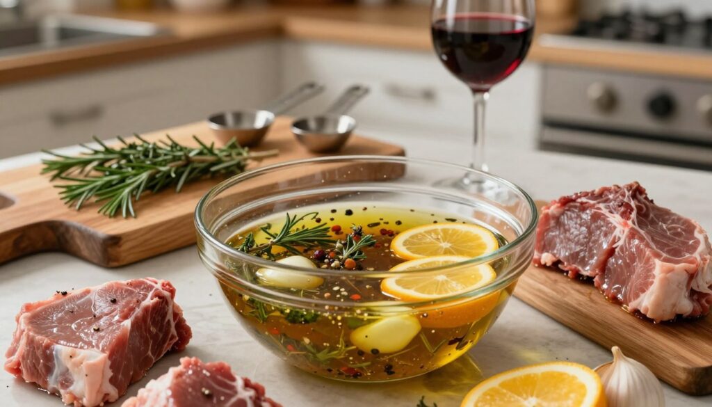 A step-by-step marinating process featuring succulent veal. In the foreground, a large glass bowl filled with a vibrant marinade consisting of herbs, spices, and olive oil, with chunks of fresh garlic and tangy citrus slices visible. Surrounding the bowl, several cuts of tender veal, glistening with the marinade, create an inviting focal point. In the middle ground, a well-worn wooden cutting board displays sprigs of rosemary and thyme, along with measuring spoons and a small glass of red wine, adding an authentic culinary touch. The background showcases a cozy kitchen with soft, warm lighting, emphasizing a homey atmosphere. The scene captures the art of marinating, evoking a sense of care, tradition, and anticipation for a delicious meal.