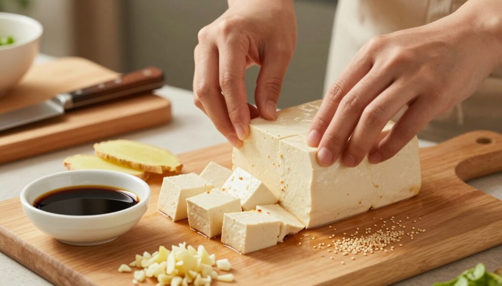 A step-by-step preparation of tofu for marinating, beautifully arranged on a wooden cutting board. In the foreground, a block of firm tofu is cut into bite-sized cubes and surrounded by various ingredients for the marinade: a small bowl of soy sauce, ginger slices, minced garlic, and a sprinkling of sesame seeds. The middle ground features a pair of hands gently mixing the marinade with the tofu, the texture of the tofu visible and inviting. In the background, kitchen utensils such as a knife and a chopping board hint at the cooking process, with warm, inviting kitchen lighting creating a cozy atmosphere. Soft focus on the background emphasizes the hands and ingredients, giving a sense of action and warmth to the scene.