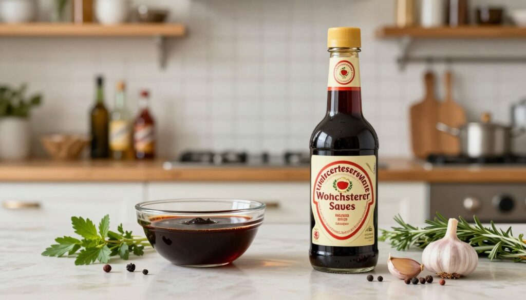 A stylish, close-up arrangement of a gourmet kitchen countertop featuring a bottle of Worcestershire sauce, its label prominently displayed. The foreground includes fresh ingredients like herbs, garlic, and spices artfully scattered around the bottle. In the middle, a glass bowl filled with a rich marinade showcases the dark, glossy texture of the Worcestershire sauce. The background offers a softly blurred view of a well-lit kitchen, with rustic wooden shelves lined with various condiments and cooking utensils, suggesting a warm, inviting atmosphere. The natural lighting enhances the sauce's rich color, conveying a sense of culinary excitement and potential. The mood is vibrant and sophisticated, inviting viewers to explore the flavors and uses of this distinctive condiment.