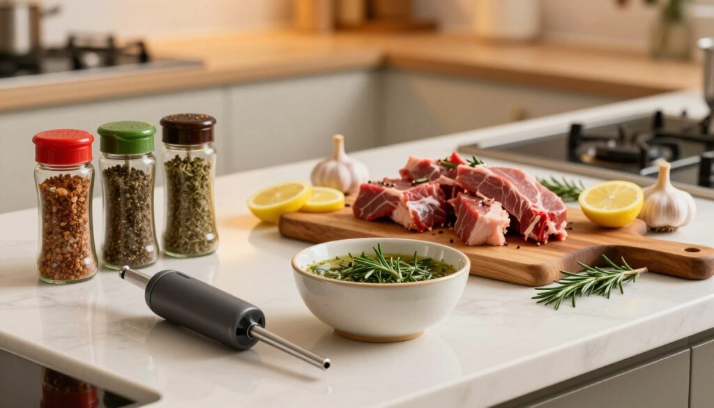 A stylish kitchen countertop adorned with various marinade accessories for meat preparation. In the foreground, a set of vibrant spice jars, a handheld marinade injector, and a ceramic bowl filled with a fresh herb marinade. In the middle, a wooden cutting board displaying raw pieces of meat ready to be marinated, surrounded by fresh garlic, lemon slices, and sprigs of rosemary. The background features a softly lit kitchen environment with warm, ambient lighting that creates a cozy atmosphere. The scene is captured from a slightly elevated angle, allowing a clear view of the intricate details of the accessories and ingredients, inspiring a sense of culinary creativity and nourishment.