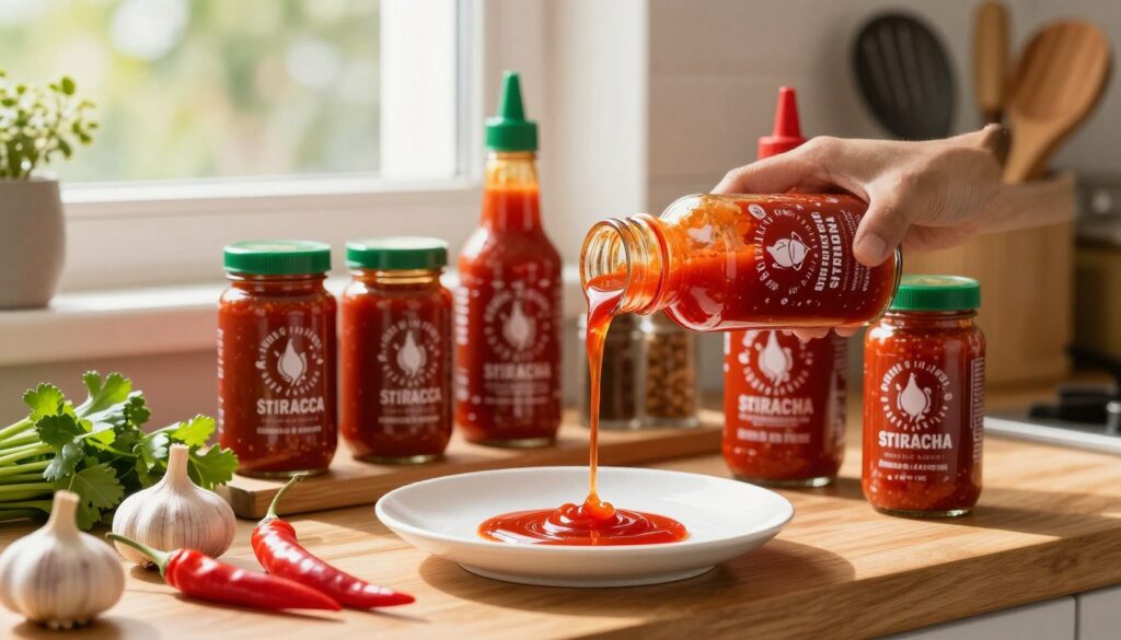 A stylish kitchen scene showcasing jars of sriracha sauce in various sizes, neatly organized on a wooden shelf, with a close-up of a small jar pouring sauce onto a white ceramic plate. In the foreground, fresh ingredients like garlic and chili peppers accompany the jars, hinting at the sauce's flavor profile. The mid-ground features a sunny window casting warm natural light, enhancing the colorful reds and greens of the ingredients. The background includes softly blurred kitchen utensils and a spice rack, creating a cozy cooking atmosphere. The mood is vibrant and inviting, emphasizing the practicality of storing and using sriracha in home cooking.