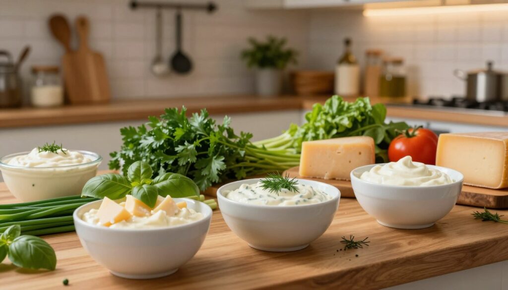 A stylish, vibrant kitchen scene featuring various versions of creamy sauces infused with cheeses and herbs, elegantly displayed on a wooden countertop. In the foreground, focus on small bowls filled with different flavored sauces, including one with chunks of cheese and fresh basil, another with a sprinkle of dill, and a classic creamy white sauce. In the middle ground, a variety of fresh herbs such as parsley and chives, along with cheese slices and vibrant vegetables, create an inviting atmosphere. The background reveals soft, ambient kitchen lighting, highlighting the rustic wooden shelves adorned with culinary utensils and jars. The mood is warm and inviting, perfect for cooking enthusiasts, shot with a moderate depth of field for clarity and focus on the sauces.