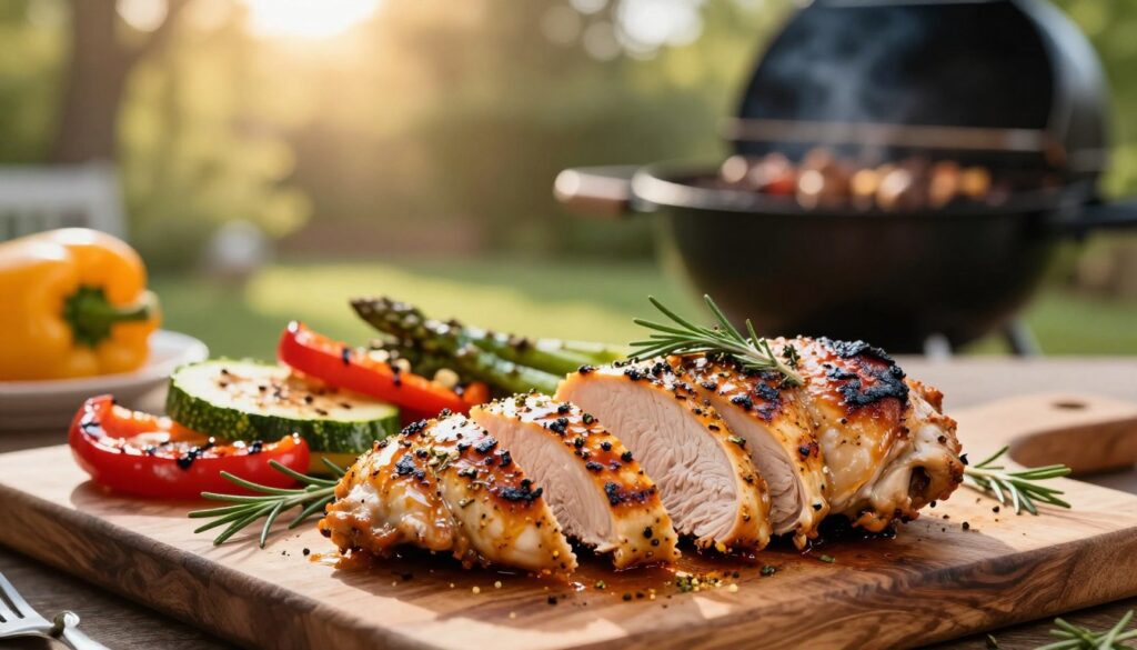 A succulent grilled chicken breast marinated in aromatic spices, glistening with a light char, is placed on a rustic wooden cutting board in the foreground. The chicken is sliced open to reveal tender, juicy meat, with herbs like rosemary and thyme scattered around. In the middle ground, vibrant grilled vegetables—bell peppers, zucchini, and asparagus—add color and complement the dish. The background features a softly blurred outdoor barbecue scene with warm, golden sunlight filtering through lush green trees, creating a relaxed, inviting atmosphere. The composition should be shot with a shallow depth of field to focus on the chicken while the grill provides a cozy, summer vibe. The overall mood is warm and appetizing, showcasing the essence of a perfect marinated chicken prepared for grilling.