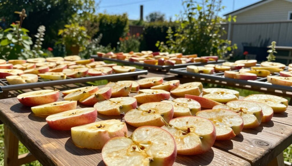 A sunlit garden scene showcasing the process of drying sliced apples naturally. In the foreground, vibrant, freshly sliced apples spread out on a rustic wooden table, glistening softly in the sunlight. The middle ground features an assortment of apple slices placed on traditional drying racks, with the sun casting gentle shadows and highlighting their textures. In the background, lush greenery and a clear blue sky create a warm, inviting atmosphere. The image should be bright and cheerful, conveying a sense of tranquility and homey charm. Use natural lighting to enhance the colors of the apples and evoke a feeling of cozy outdoor relaxation. The angle should be slightly elevated to capture the full arrangement of apples and the surrounding environment, giving a comprehensive view of the drying process.