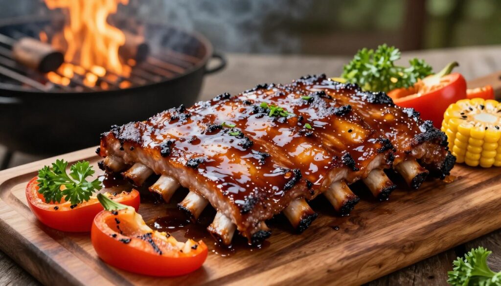 A tempting plate of grilled pork ribs, beautifully glazed in a rich, dark BBQ marinade, showcasing a sticky, caramelized finish. The ribs are served on a rustic wooden board, garnished with fresh parsley and slices of grilled vegetables like bell peppers and corn. In the background, a smoky grill is subtly visible, exuding a warm, golden light that enhances the sizzling atmosphere. The scene is captured from a slightly elevated angle, providing a top-down view that highlights the textures of the meat and glaze. The overall mood is inviting and appetizing, evoking the essence of summer barbecues and outdoor cooking.
