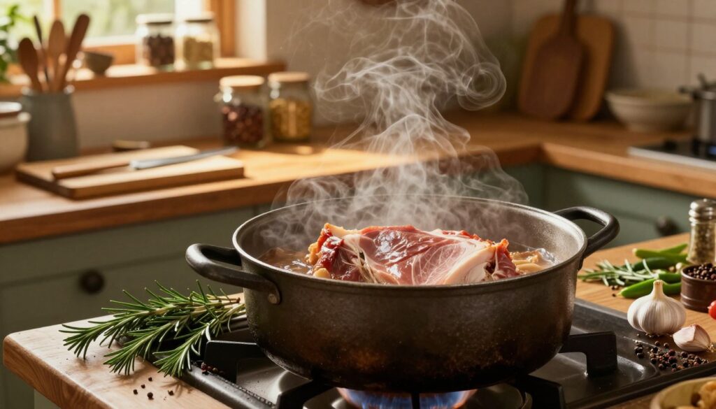 A traditional kitchen scene with a large, heavy pot simmering on a rustic stove. In the foreground, the pot is filled with a succulent, freshly prepared ham, steam rising gently from the surface, hinting at the slow-cooking process. Surrounding the pot, various fresh herbs and spices are placed invitingly, including sprigs of rosemary and garlic cloves, adding a touch of color and aroma. In the middle ground, warm light illuminates the scene, casting a golden hue on the wooden counters, where utensils and a cutting board are neatly arranged. The background features rustic wooden shelves stocked with jars of spices and various kitchen tools, evoking a homely atmosphere. The overall mood is warm and inviting, perfect for a cooking environment.
