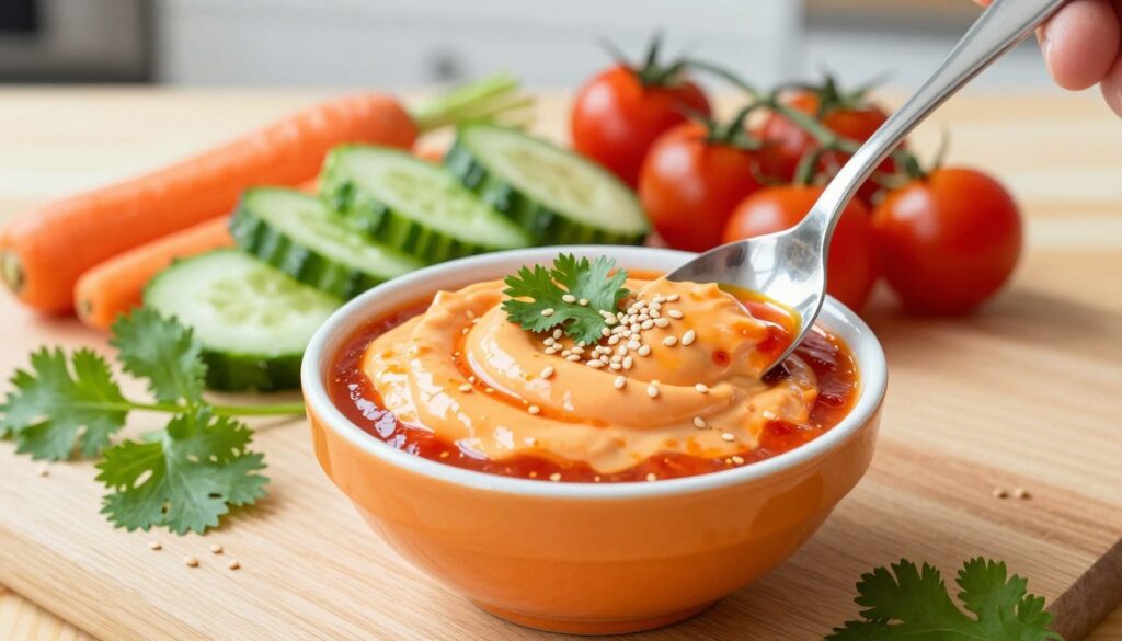 A vibrant and appetizing scene featuring a small bowl of creamy mayonnaise blended with fiery sriracha sauce, creating a striking orange-red hue. The foreground showcases the bowl with a smooth texture, garnished with fresh herbs like cilantro and a sprinkle of sesame seeds. Next to it, a spoon dips into the sauce, emphasizing its rich consistency. In the middle ground, a colorful assortment of fresh vegetables like cucumbers, carrots, and cherry tomatoes are artistically arranged, inviting the viewer to imagine their use as dippers. The background features a light wooden kitchen table with soft natural lighting enhancing the vividness of the colors. The atmosphere is warm, inviting, and appetizing, perfect for a culinary exploration.