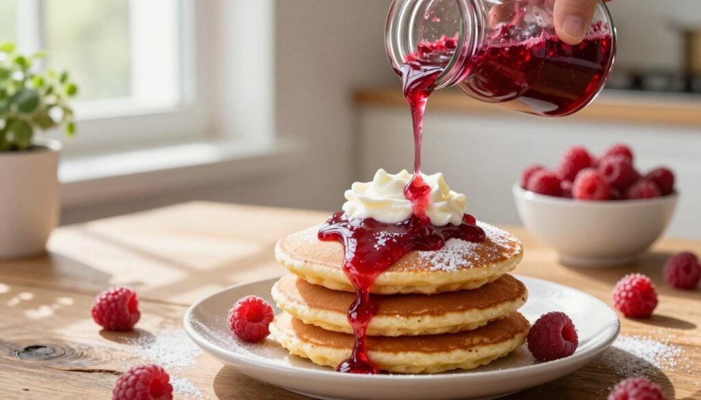 A vibrant and appetizing scene of "sos malinowy" poured generously over fluffy pancakes, showcasing the rich, glossy texture of the raspberry sauce. In the foreground, stack of three golden-brown pancakes, lightly dusted with powdered sugar, is topped with a dollop of whipped cream. Drizzling from a glass jar filled with the homemade raspberry sauce, with plump raspberries scattered around, adding freshness. In the middle ground, a rustic wooden table complements the warm atmosphere, with soft morning light filtering through a nearby window, casting gentle shadows. The background features out-of-focus kitchen elements, like a bowl of fresh raspberries and a small plant, creating a cozy and inviting breakfast setting. The overall mood conveys warmth and indulgence, perfect for leisurely mornings.
