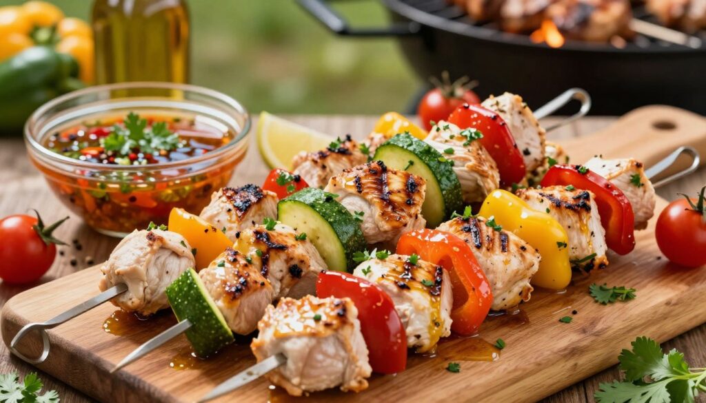 A vibrant and enticing spread of **chicken skewers (szaszłyki)** laid out on a wooden cutting board, showcasing beautifully grilled pieces of marinated chicken interspersed with colorful bell peppers, zucchini, and cherry tomatoes. The foreground features a close-up view of the skewers, glistening with a light sheen of olive oil and garnished with fresh herbs like parsley and cilantro. In the middle ground, a bowl of homemade marinade, rich in spices and herbs, is artistically placed beside the skewers. The background is softly blurred with a warm, inviting outdoor barbecue setting, capturing the essence of a summer day. The lighting is natural, highlighting the vibrant colors and textures, creating a cheerful and appetizing ambiance perfect for a grill gathering. A vibrant and enticing spread of **chicken skewers (szaszłyki)** laid out on a wooden cutting board, showcasing beautifully grilled pieces of marinated chicken interspersed with colorful bell peppers, zucchini, and cherry tomatoes. The foreground features a close-up view of the skewers, glistening with a light sheen of olive oil and garnished with fresh herbs like parsley and cilantro. In the middle ground, a bowl of homemade marinade, rich in spices and herbs, is artistically placed beside the skewers. The background is softly blurred with a warm, inviting outdoor barbecue setting, capturing the essence of a summer day. The lighting is natural, highlighting the vibrant colors and textures, creating a cheerful and appetizing ambiance perfect for a grill gathering.