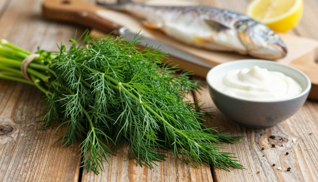 A vibrant and fresh bunch of koperek (dill) prominently displayed in the foreground, showcasing the feathery green leaves and delicate stems. In the middle, a rustic wooden table set with various culinary tools such as a small bowl of creamy white sauce, hinting at its use in fish dishes. In the background, softly blurred, there are filleted fish and a few slices of lemon, suggesting the intended pairing. The lighting is warm and inviting, creating an earthy atmosphere that evokes a sense of tradition and comfort in cooking. The angle is slightly overhead, capturing the arrangement beautifully while maintaining focus on the dill, symbolizing its historical importance in culinary art. Aim for a healthy, wholesome mood that celebrates the simplicity of natural ingredients.