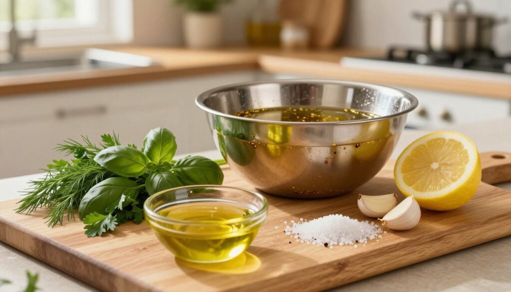 A vibrant and inviting kitchen scene featuring key ingredients for a fish marinade. In the foreground, a wooden cutting board displays fresh herbs like dill, parsley, and basil, alongside sliced lemon and garlic cloves. A small bowl of olive oil and a sprinkle of sea salt are artistically arranged. In the middle, a stainless steel mixing bowl filled with a golden marinade captures the light, glistening with spices. The background features a cozy kitchen setting, with warm, soft lighting from a window, hinting at a relaxed cooking atmosphere. The angle is slightly tilted, focusing on the ingredients while conveying a sense of warmth and culinary creativity, ideal for illustrating a section on essential ingredients for a fish marinade.