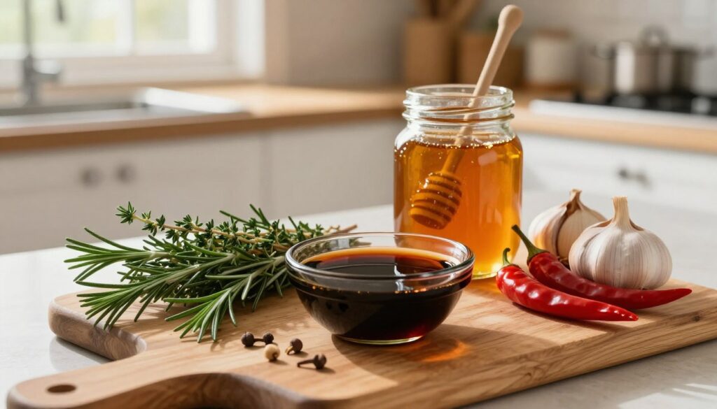A vibrant and inviting kitchen scene featuring the essential ingredients for Magda Gessler's marinade for ribs. In the foreground, an array of fresh herbs such as rosemary and thyme, along with cloves of garlic and red chili peppers are artfully arranged on a rustic wooden cutting board. In the middle, a small bowl of dark soy sauce and a jar of honey sit prominently, exuding a rich, glossy texture. The background showcases a well-lit kitchen atmosphere with soft, natural light filtering through a window, casting gentle shadows across the counter. The mood is warm and inviting, invoking the sense of a cozy cooking experience. The composition is captured with a shallow depth of field to emphasize the ingredients in focus, creating a mouth-watering visual representation of the marinade's components. A vibrant and inviting kitchen scene featuring the essential ingredients for Magda Gessler's marinade for ribs. In the foreground, an array of fresh herbs such as rosemary and thyme, along with cloves of garlic and red chili peppers are artfully arranged on a rustic wooden cutting board. In the middle, a small bowl of dark soy sauce and a jar of honey sit prominently, exuding a rich, glossy texture. The background showcases a well-lit kitchen atmosphere with soft, natural light filtering through a window, casting gentle shadows across the counter. The mood is warm and inviting, invoking the sense of a cozy cooking experience. The composition is captured with a shallow depth of field to emphasize the ingredients in focus, creating a mouth-watering visual representation of the marinade's components.