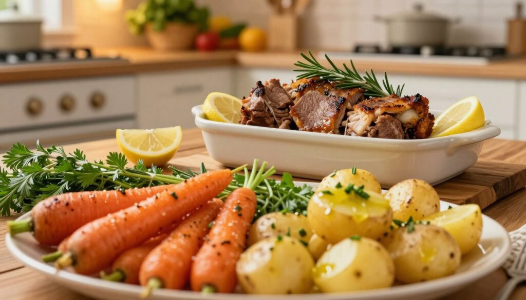 A vibrant and inviting scene featuring an array of colorful vegetable accompaniments for pork shoulder (karkówka). In the foreground, a neatly arranged platter showcases roasted carrots, golden potatoes, and fresh green herbs, all glistening with olive oil. The middle ground includes a rustic wooden table adorned with a ceramic dish of seasoned pork shoulder, surrounded by slices of lemon and sprigs of rosemary. In the background, a softly lit kitchen with warm, ambient lighting creates a cozy atmosphere, with hints of kitchen utensils and fresh vegetables. The overall mood is homey and celebratory, capturing the essence of a delicious and comforting meal. Use a lens that emphasizes depth of field to focus on the food while softly blurring the background.