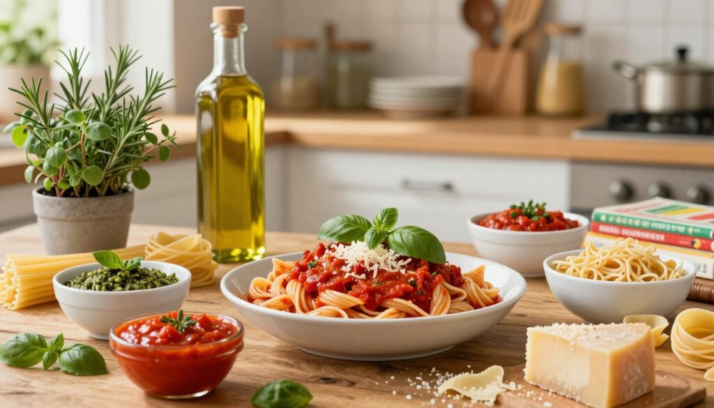 A vibrant, appetizing display of popular Italian pasta sauces, prominently featuring a rich, red tomato sauce garnished with fresh basil leaves, a drizzle of golden olive oil, and a sprinkle of parmesan cheese. In the foreground, a rustic wooden table is adorned with bowls of different sauces like pesto, arrabbiata, and carbonara, invitingly placed next to a variety of pasta shapes. The middle layer features a well-set kitchen ambiance with herbs like rosemary and oregano in small pots and a bottle of olive oil glistening in natural light. In the background, soft-focus kitchen utensils and Italian cookbooks add depth to the scene. The warm, inviting lighting creates a cozy atmosphere, celebrating the classic tastes of Italy.