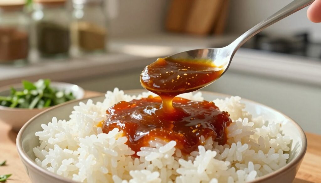 A vibrant, appetizing scene featuring a bowl of rice drizzled with a glossy, rich sauce made from simple pantry ingredients. In the foreground, the bowl overflows with fluffy white rice glistening under natural light, reflecting the warmth of home cooking. Beside it, a small dish contains fresh herbs, highlighting potential flavor additions. In the middle, a spoon is poised to serve the sauce, showcasing its thick, savory texture. The background includes a blurred kitchen countertop with neatly arranged cooking utensils and glass jars of spices, suggesting ease and accessibility in home cooking. The image has a warm, inviting atmosphere, illuminated by soft, diffused sunlight, ideal for conveying the essence of simple, quick homemade sauces.