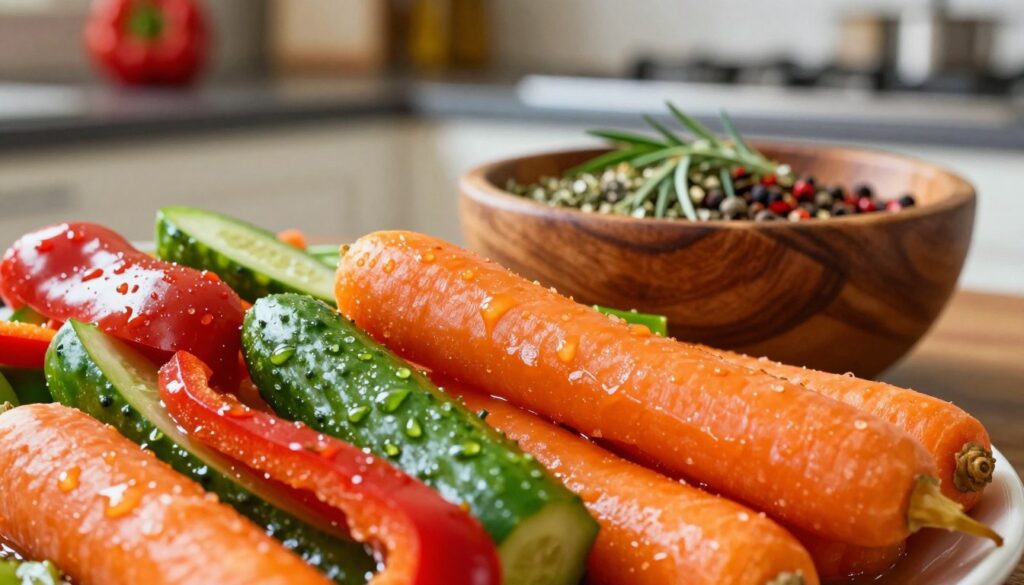 A vibrant arrangement of homemade spicy vegetable marinade, featuring an array of colorful vegetables such as red bell peppers, green cucumbers, and bright orange carrots, all glistening in a tangy, glimmering marinade. The foreground showcases the enticing texture of the vegetables, with droplets of marinade clinging to their surfaces. In the middle, there is a rustic wooden bowl filled with mixed herbs and spices, suggesting the zest and warmth of the dish. The background is softly blurred, hinting at a cozy kitchen atmosphere with warm, diffused lighting coming from the side. The mood is inviting and lively, perfect for a summertime grilling or outdoor cooking setting, emphasizing the vibrant colors and the essence of bold flavors in the dish.