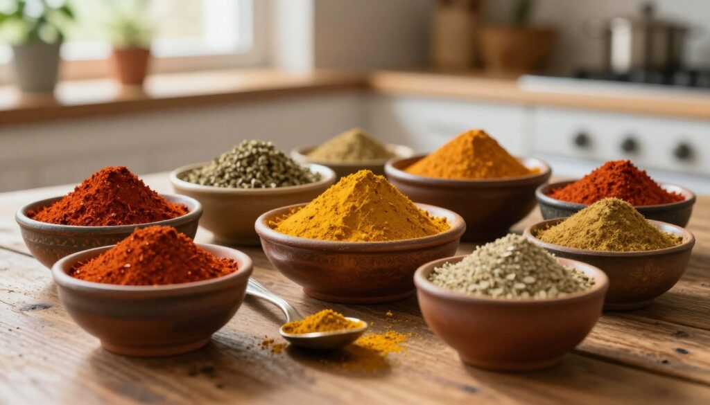 A vibrant arrangement of various spice blends displayed in rustic ceramic bowls, set on a rustic wooden table. The foreground features a close-up view of colorful spices like paprika, turmeric, and garlic powder, each in distinct bowls, showcasing their rich textures and colors. In the middle, a small, elegant silver spoon rests beside the bowls, partially dusted with spices. The background is softly blurred, revealing a warm kitchen environment, with herbs growing in pots and sunlight streaming through a nearby window, creating a cozy atmosphere. The overall lighting is warm and inviting, enhancing the vivid colors of the spices, evoking a sense of culinary creativity and warmth.