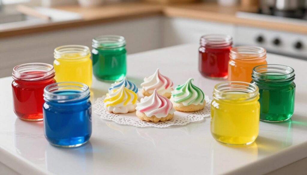 A vibrant, artistic display of gel food colorings arranged artistically on a white kitchen countertop. The foreground showcases multiple small glass jars filled with various bright gel colors—red, blue, yellow, and green—each reflecting light to create a glossy texture. In the middle, a neatly decorated meringue sits atop a delicate lace doily, featuring swirls and peaks of the gel colors, creating a stunning contrast against its light, airy texture. The background includes a blurred, softly lit kitchen environment, with faint outlines of baking tools and a rustic wooden table, exuding a warm, inviting atmosphere. The scene is illuminated with diffused natural light, casting soft shadows and enhancing the vibrant colors, evoking a sense of creativity and joy in the art of baking.