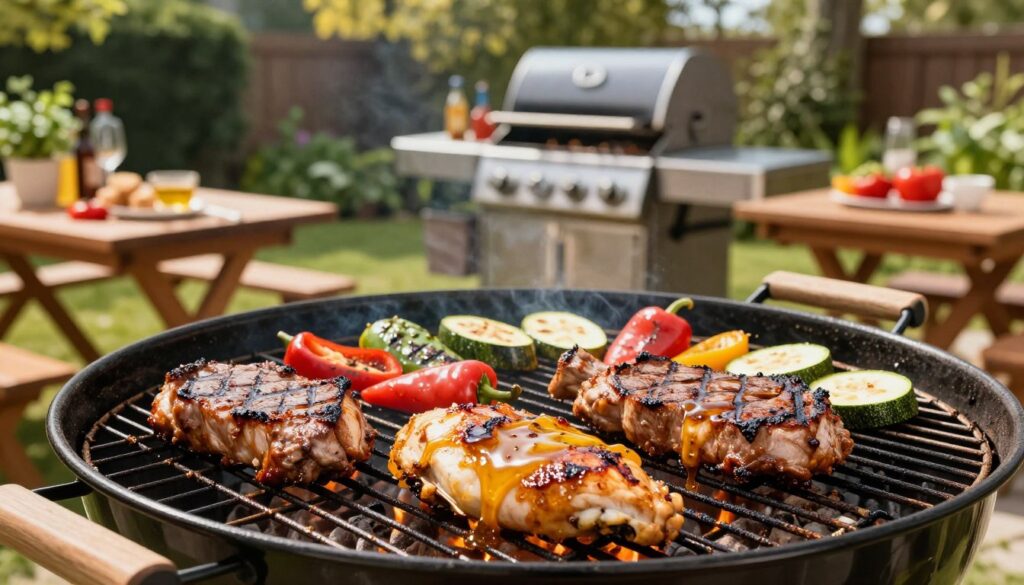 A vibrant backyard scene featuring a beautifully arranged grill filled with succulent meats, glistening with a honey-mustard marinade. In the foreground, a close-up view of sizzling chicken and steak, their surfaces caramelized and appealing, resting on the grate. Juicy vegetables like peppers and zucchini are also grilling beside the meat, showcasing an array of colors. In the middle ground, a well-maintained outdoor grill setup surrounded by rustic wooden tables adorned with fresh herbs and condiments, creating an inviting atmosphere. The background includes a lush garden with green foliage and soft sunlight filtering through the trees, enhancing the warmth of the scene. The image should evoke a cozy, summer barbecue mood, perfect for friends and family gatherings, captured with a warm tone and slightly blurred edges to focus on the grill. A vibrant backyard scene featuring a beautifully arranged grill filled with succulent meats, glistening with a honey-mustard marinade. In the foreground, a close-up view of sizzling chicken and steak, their surfaces caramelized and appealing, resting on the grate. Juicy vegetables like peppers and zucchini are also grilling beside the meat, showcasing an array of colors. In the middle ground, a well-maintained outdoor grill setup surrounded by rustic wooden tables adorned with fresh herbs and condiments, creating an inviting atmosphere. The background includes a lush garden with green foliage and soft sunlight filtering through the trees, enhancing the warmth of the scene. The image should evoke a cozy, summer barbecue mood, perfect for friends and family gatherings, captured with a warm tone and slightly blurred edges to focus on the grill.