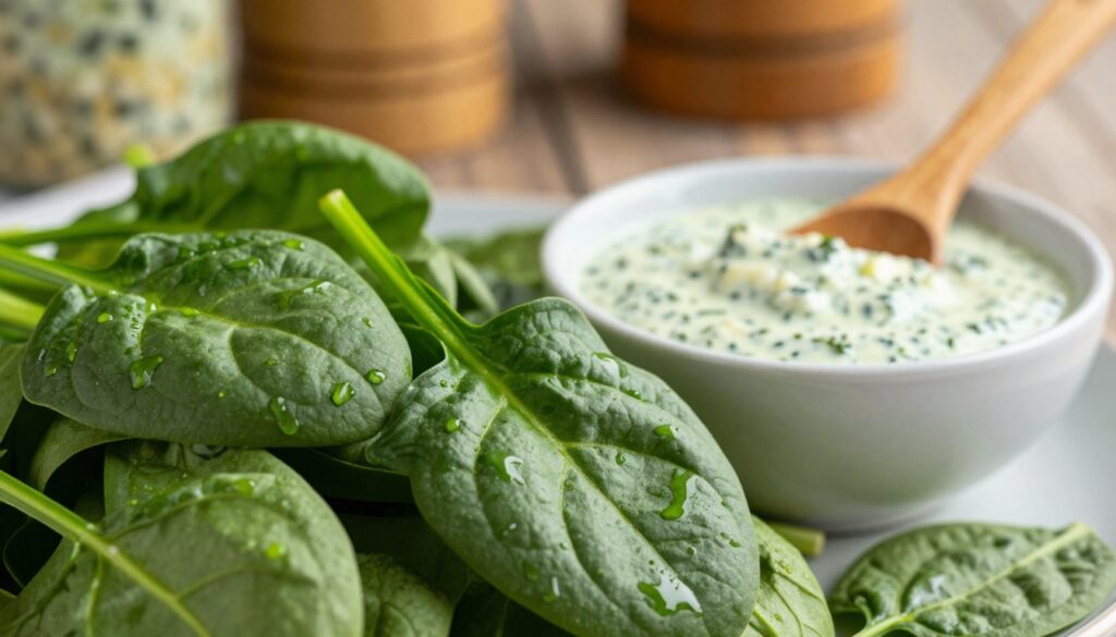 A vibrant, close-up image of fresh spinach leaves, showcasing their rich green hues and intricate textures. The foreground features glossy, moist spinach leaves clustered together, with drops of water glistening on their surface. In the middle ground, a small bowl of creamy garlic sauce, subtly infused with hints of herbs, is placed alongside a wooden spoon. The background is softly blurred, depicting a rustic kitchen setting with warm, natural lighting, evoking a cozy and inviting atmosphere. The composition should be balanced, with a focus on the ingredients essential for a creamy spinach sauce, ensuring a mouthwatering, harmonious aesthetic that reflects the essence of a delicious culinary experience.