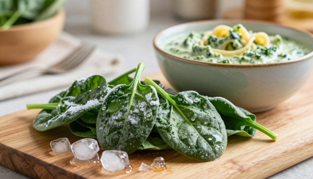 A vibrant, close-up image of frozen spinach, showcasing bright green leaves in a glossy ice coating, placed artistically on a wooden cutting board. In the foreground, chunks of ice are glistening in soft, diffused lighting, hinting at the chill of the frozen vegetables. In the middle ground, a rustic bowl of creamy spinach sauce is elegantly situated, with a hint of pasta peeking through, conveying the dish's creamy nature. The background features a softly blurred kitchen setting, with warm, inviting lighting and hints of cooking utensils to suggest a homey atmosphere. The overall mood is fresh and appetizing, ideal for illustrating the appeal of using frozen spinach in easy, comforting meals.