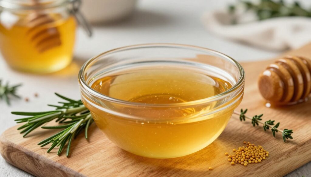 A vibrant, close-up shot of a classic marinade featuring honey and mustard. In the foreground, a glass bowl filled with the glossy, golden marinade, glistening under soft, natural lighting. Surrounding the bowl, fresh herbs such as rosemary and thyme add a touch of green, while mustard seeds and a small jar of honey provide texture and depth. In the middle ground, a rustic wooden cutting board supports the scene, hinting at the preparation process, with a soft-focus blurred kitchen in the background, warmly lit to create an inviting atmosphere. The overall mood is warm and aromatic, conveying the essence of a delicious marinade ready for grilling. The image should be clean and devoid of any text or distractions.