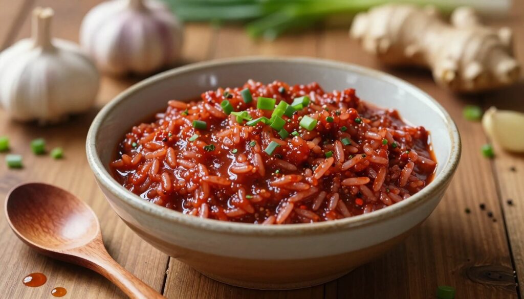 A vibrant, close-up view of a delicate, homemade rice sauce (sosy ryżu) in a rustic ceramic bowl, placed on a wooden table. The sauce is a rich, deep red color, glistening with herbs and spices visible throughout. In the foreground, a wooden spoon rests beside the bowl, with a few drops of sauce dripped onto the table for added allure. In the background, softly blurred ingredients like fresh garlic, ginger, and chopped green onions create a homely kitchen setting. The lighting is warm and inviting, casting gentle shadows that highlight the texture of the sauce. The atmosphere is cozy and inviting, inviting viewers to imagine the delightful simplicity of quickly preparing a flavorful addition to rice dishes.