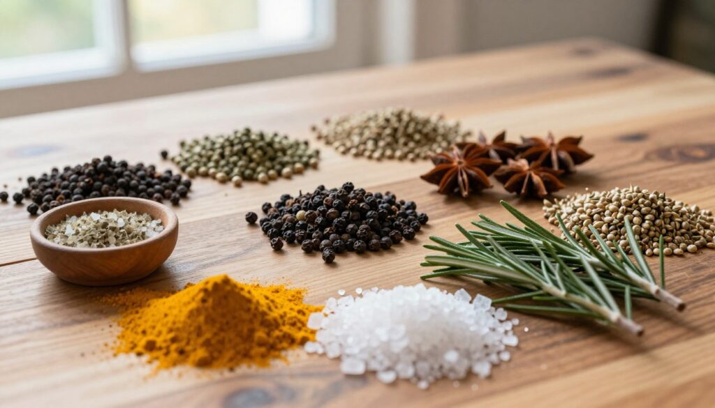 A vibrant collection of spices arranged artistically on a wooden table, showcasing a variety of colors and textures. In the foreground, a small bowl of coarse sea salt and bright yellow turmeric powder are placed next to fresh herbs like rosemary and thyme, emphasizing their freshness. The middle ground features neatly scattered whole spices like black peppercorns, coriander seeds, and star anise, adding depth and interest. The background subtly blurs with the soft glow of natural sunlight streaming through a nearby window, creating a warm and inviting atmosphere. The overall mood is experimental and modern, inviting the viewer to explore the culinary possibilities of incorporating these spices into a fish marinade. The image should be crisp, sharp, with a shallow depth of field to highlight the textures and colors of the spices.
