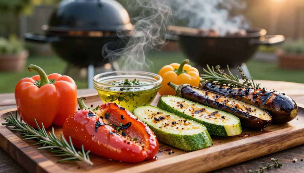 A vibrant, colorful display of grilled vegetables arranged artfully on a wooden platter. In the foreground, juicy bell peppers, zucchini, and eggplant are beautifully charred, showcasing their caramelized edges and glistening with a flavorful marinade. In the middle ground, a small bowl of fresh marinade made from herbs, olive oil, and spices is present, with sprigs of rosemary and thyme scattered around. The background features a softly blurred backyard grill, with smoke wafting gently into the air under warm golden hour lighting. The atmosphere is inviting and warm, evoking a perfect summer evening. The image should capture the essence of delicious grilled vegetables, emphasizing freshness and the mouthwatering appeal of a simple marinade recipe.