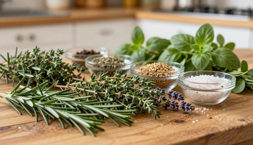 A vibrant composition showcasing a selection of fresh Provençal herbs, including rosemary, thyme, and oregano, artfully arranged on a rustic wooden table. In the foreground, the herbs appear lush and tactile, their rich green hues contrasting with subtle hints of lavender. The middle ground includes small glass bowls filled with spices, capturing the essence of flavor enhancement, with grains of sea salt glistening under soft, natural light. The background features a blurred kitchen setting with warm, inviting tones to create a cozy atmosphere. The overall lighting is warm and gentle, evoking a sense of home cooking. The angle of the shot is slightly above eye level, emphasizing the textures and colors of the herbs, evoking a mood of culinary delight and the joy of cooking.
