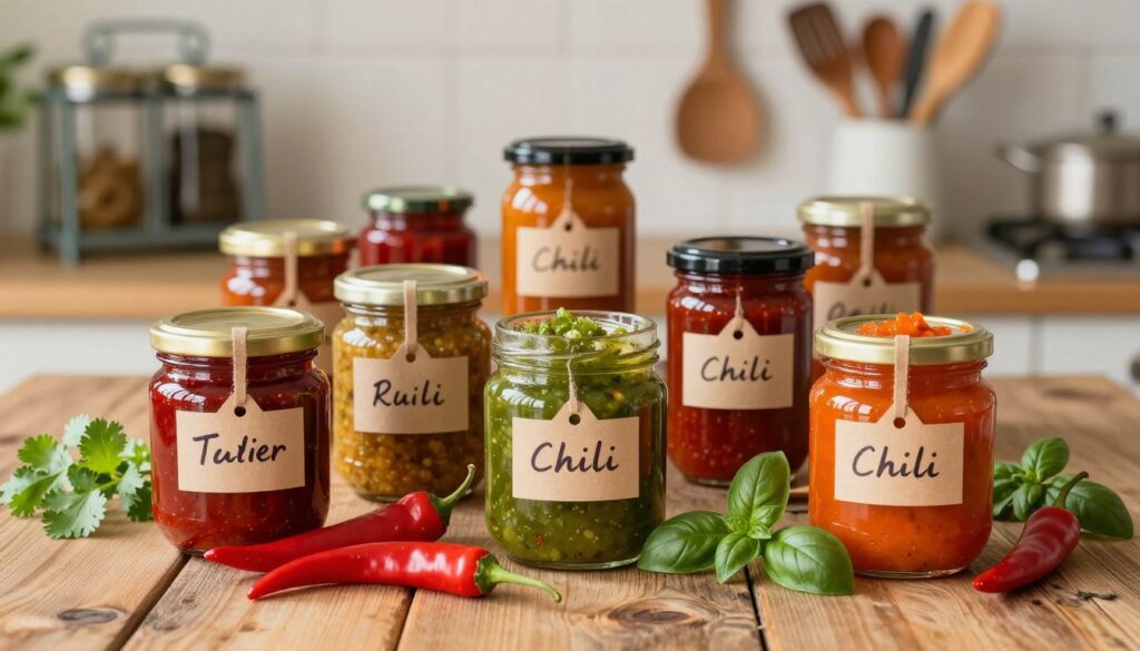 A vibrant display of alternative chili condiment jars, showcasing various spicy preserves creatively arranged on a rustic wooden table. The foreground features a selection of colorful jars filled with red chili jam, green chili relish, and orange chili sauce, each labeled with elegant handwritten tags. In the middle, fresh, whole chili peppers and herbs like cilantro and basil add a burst of color and freshness. The background includes soft, blurred kitchen elements, like vintage spice racks and wooden utensils, with warm, natural lighting creating a cozy atmosphere. Capture a close-up shot with a shallow depth of field, highlighting the textures of the sauces and the gleam of the glass jars, inviting the viewer to explore these tantalizing alternatives for winter cooking.