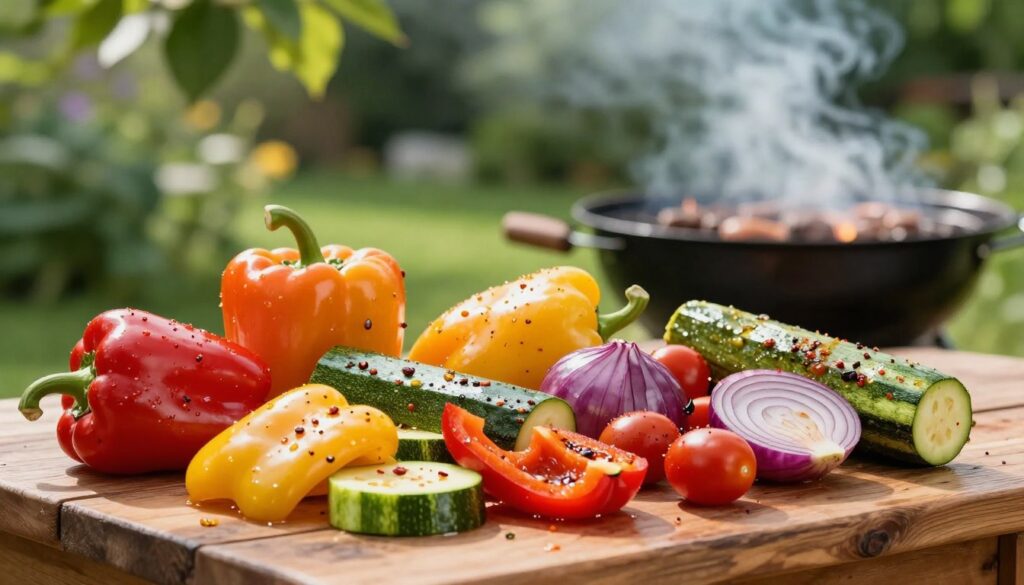 A vibrant display of assorted marinated vegetables, showcasing an arrangement of colorful bell peppers, zucchini, cherry tomatoes, and red onions, all glistening with a spicy marinade. The foreground features a rustic wooden table adorned with the marinated vegetables, emphasizing their glossy textures and vivid colors. In the middle ground, a grill can be seen, faintly glowing with heat, hinting at ongoing cooking. In the background, a lush green garden sets a serene atmosphere, with soft sunlight filtering through leaves, creating dappled light patterns. The scene exudes warmth and excitement, inviting viewers to envision the delicious grilled dishes that these marinated vegetables will complement. The focus is sharp on the vegetables, with a slight bokeh effect blurring the garden background, capturing a joyful summer grilling ambiance.