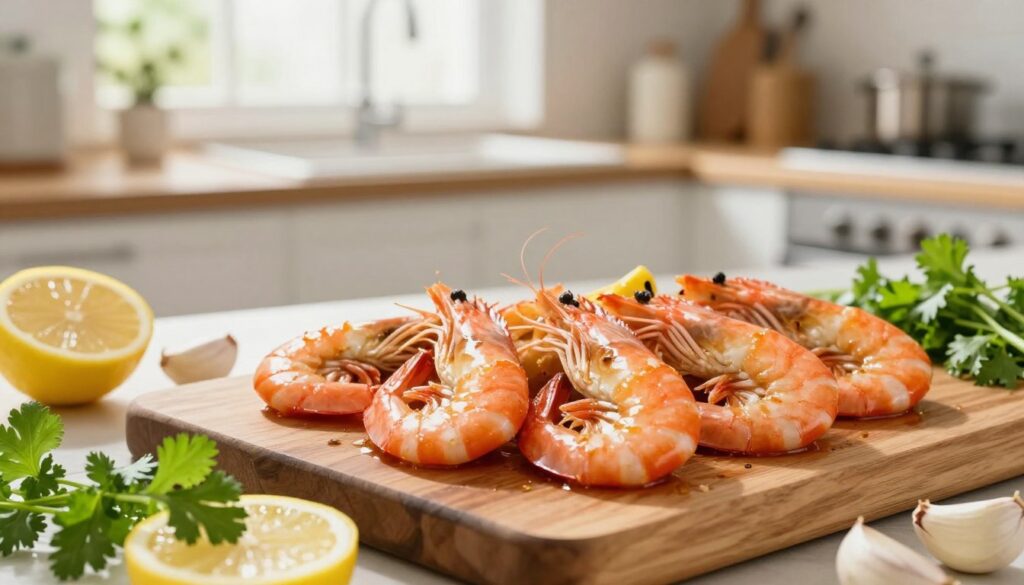 A vibrant display of juicy shrimp arranged elegantly on a wooden cutting board, glistening with a light citrus marinade. In the foreground, include fresh ingredients like lemon slices, garlic cloves, and vibrant herbs like parsley and cilantro, adding color and texture. In the middle background, a cozy kitchen scene with soft natural lighting streaming through the window creates a warm atmosphere, hinting at a home-cooked meal. The shrimp should look appetizing and ready to be grilled, capturing the essence of a light, zesty dish. The overall mood is inviting and fresh, evoking the excitement of quick meal preparation. A shallow depth of field focuses on the shrimp, while the kitchen gently blurs, enhancing the culinary focus.